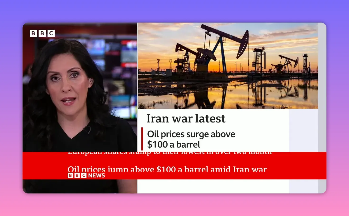 Image partagée montrant des pompes à huile au coucher du soleil et un encart titre annonçant la hausse du prix du pétrole