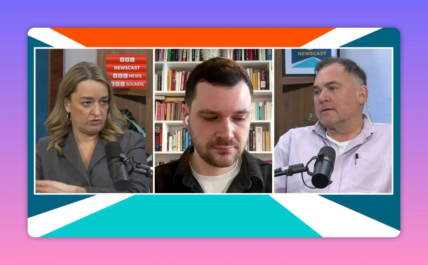 Trois intervenants en duplex sur un plateau d'actualité discutant de l'impact des tensions sur les marchés de l'énergie