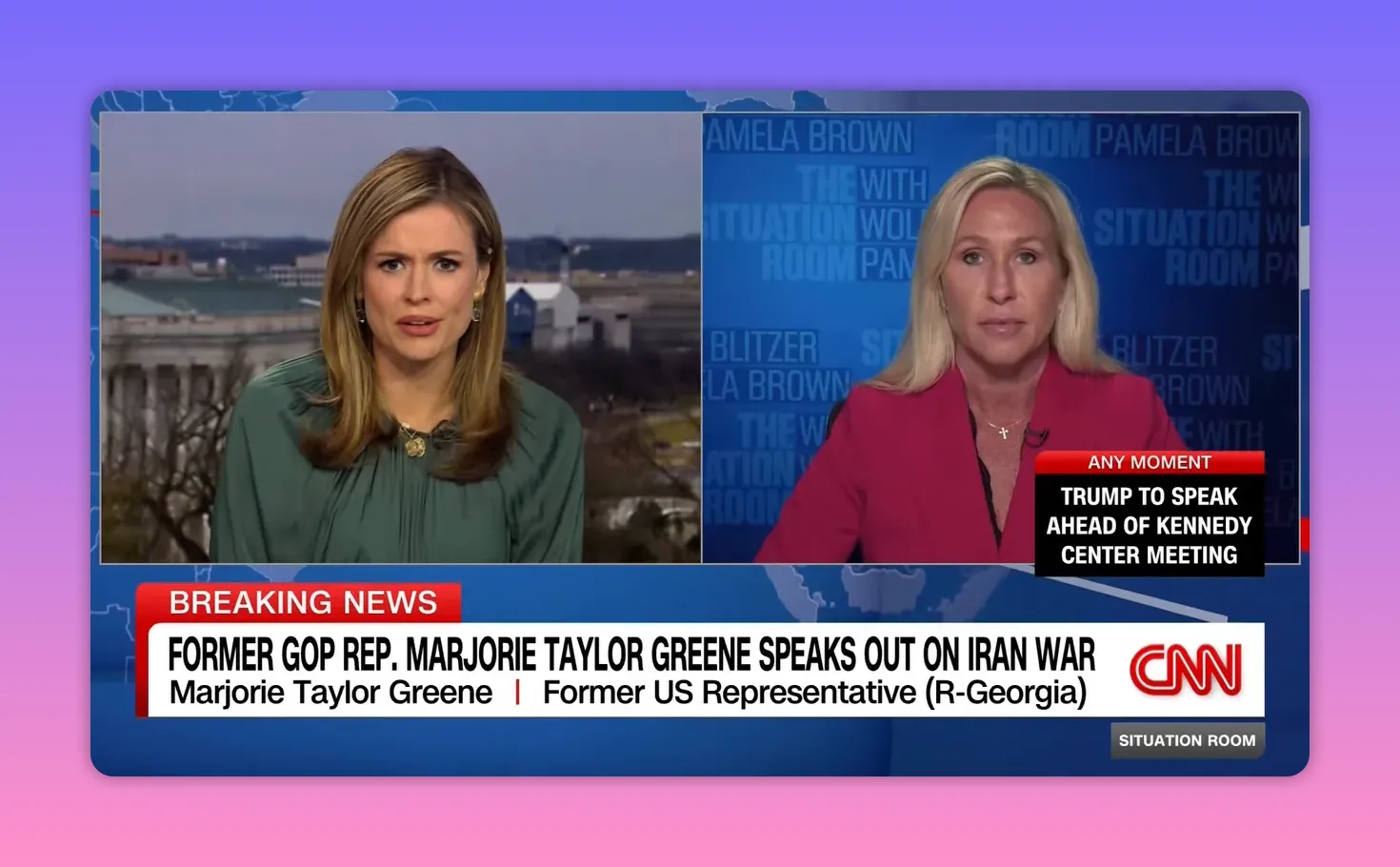 CNN Split-Screen Interview klar ersichtlich, Breaking News Schlagzeile über Iran-Konflikt