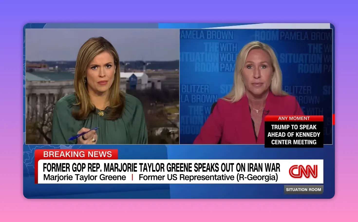 TV Split‑Screen‑Interview mit Moderatorin und Gast; Breaking‑News‑Banner zur Iran‑Debatte