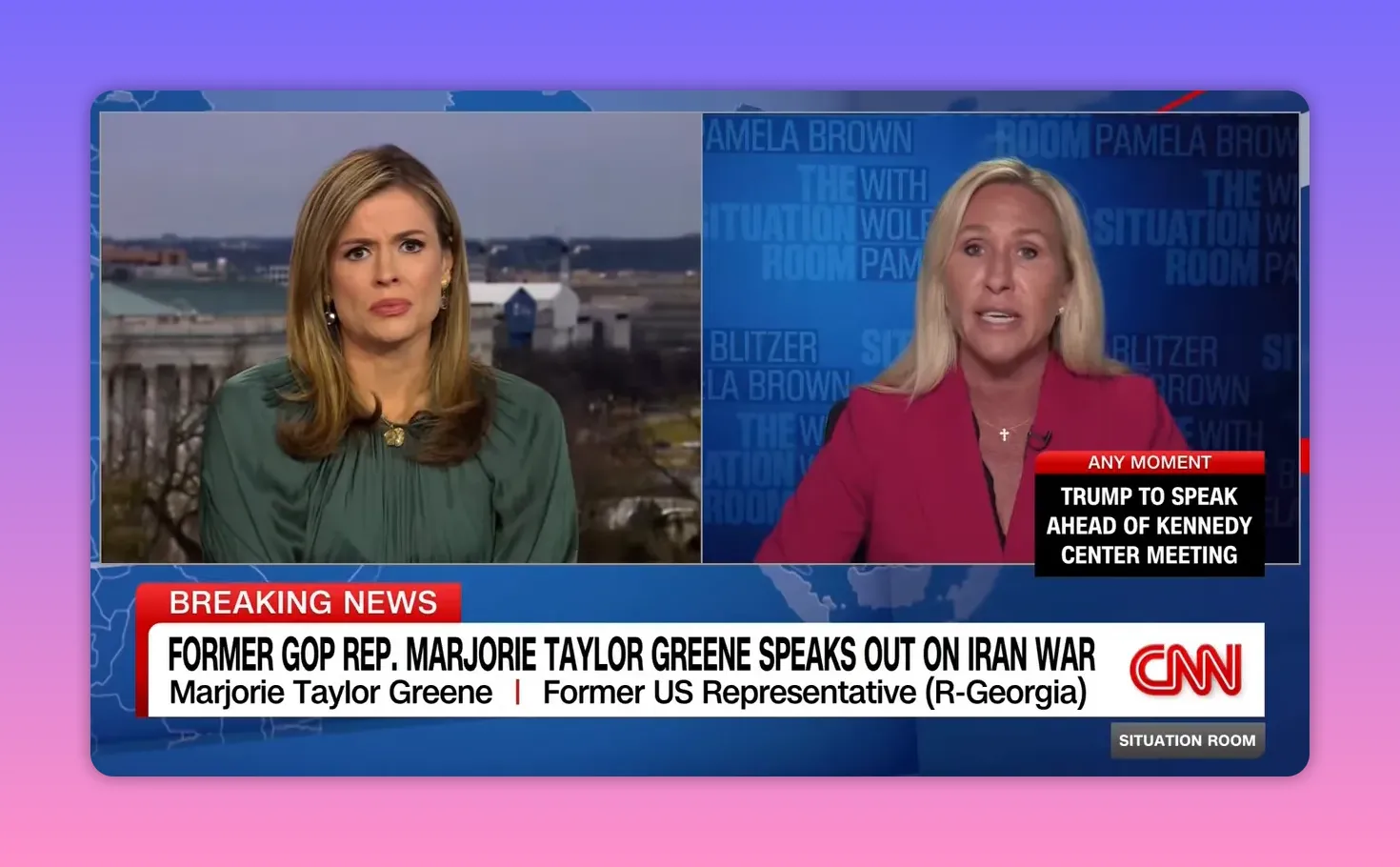 CNN-Screenshot: Moderatorin links, Marjorie Taylor Greene rechts, Breaking News-Banner zum Iran‑Krieg