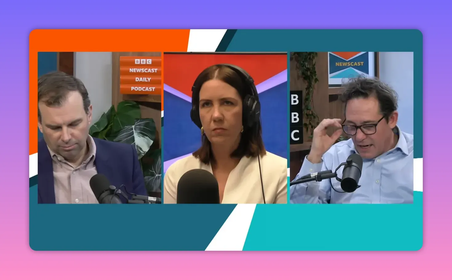 Panel BBC avec trois commentateurs en studio discutant des marchés pétroliers