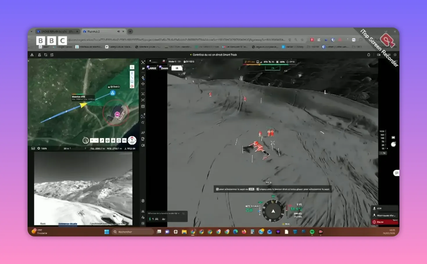 Capture écran thermique d'un drone montrant secouristes et victime sur une zone d'avalanche
