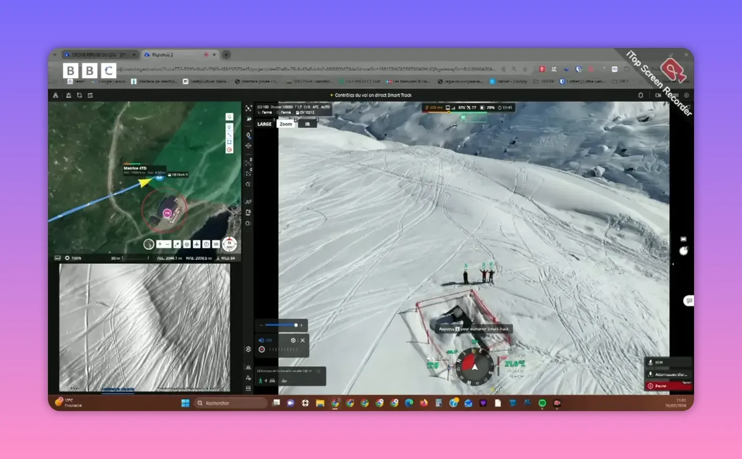 image aérienne depuis drone montrant piste enneigée, équipes et carte de navigation sur l'interface