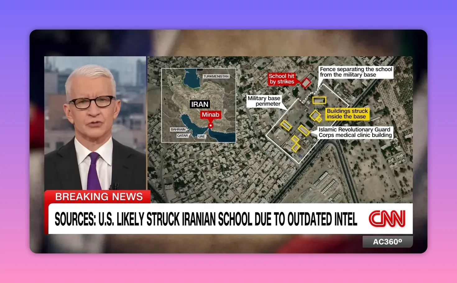 Satellitenansicht von Minab mit Markierungen: Schule neben Militärbasis