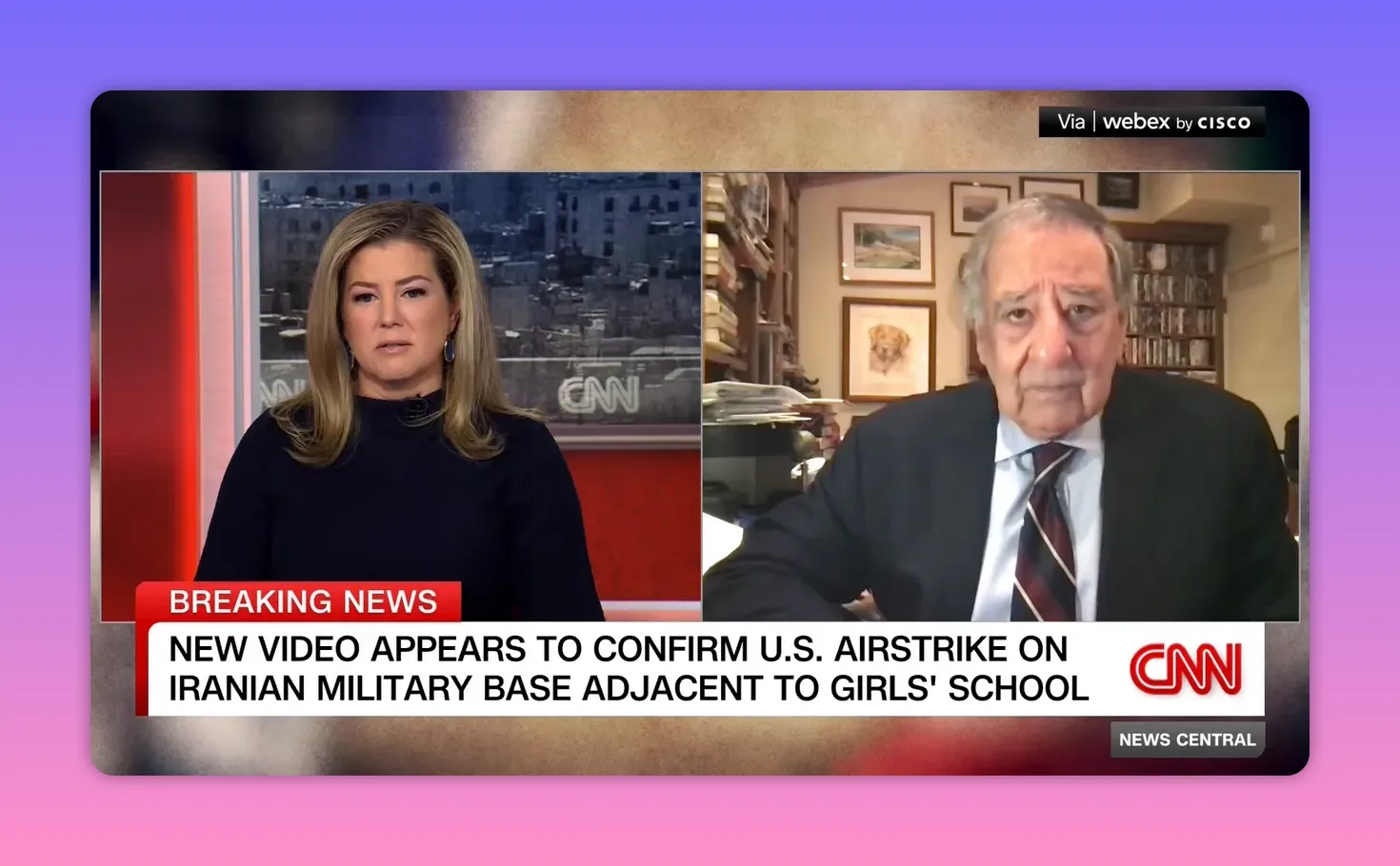 CNN-Split-Screen mit Moderatorin und Interviewgast; Schlagzeile bestätigt möglichen US-Luftschlag nahe einer Mädchenschule.