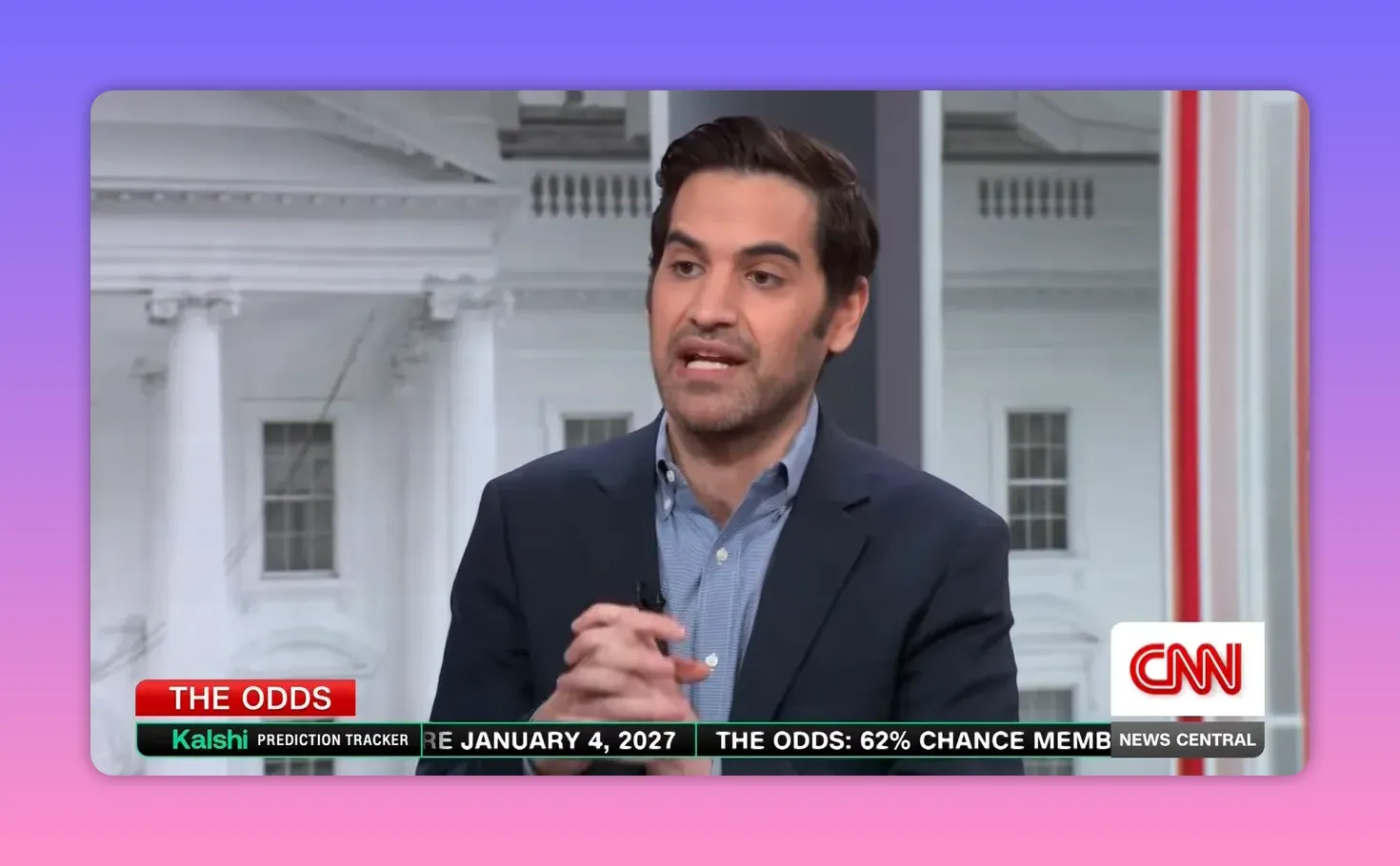 TV-Analyst im Studio erklärt Prognosemärkte und Wahrscheinlichkeiten