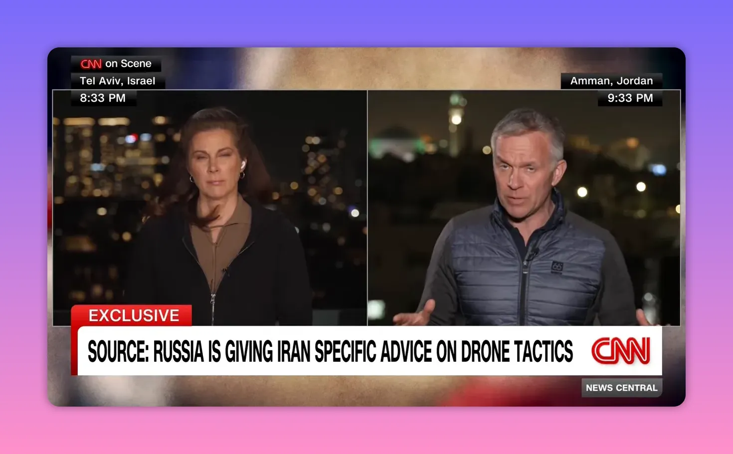 CNN On Scene Split-Screen mit Ortskennzeichnung Tel Aviv und Amman und Headline über Drohnen-Taktiken