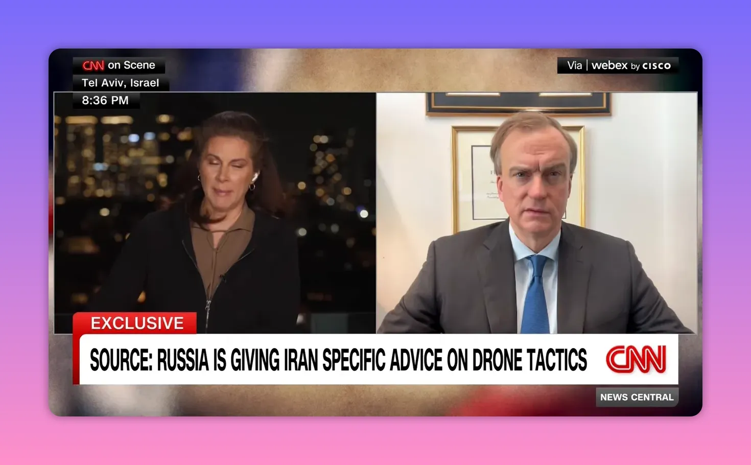 Klares CNN Split‑Screen Interview mit deutlich lesbarer Schlagzeile über Russland, das Iran zu Drohnentaktiken berät.