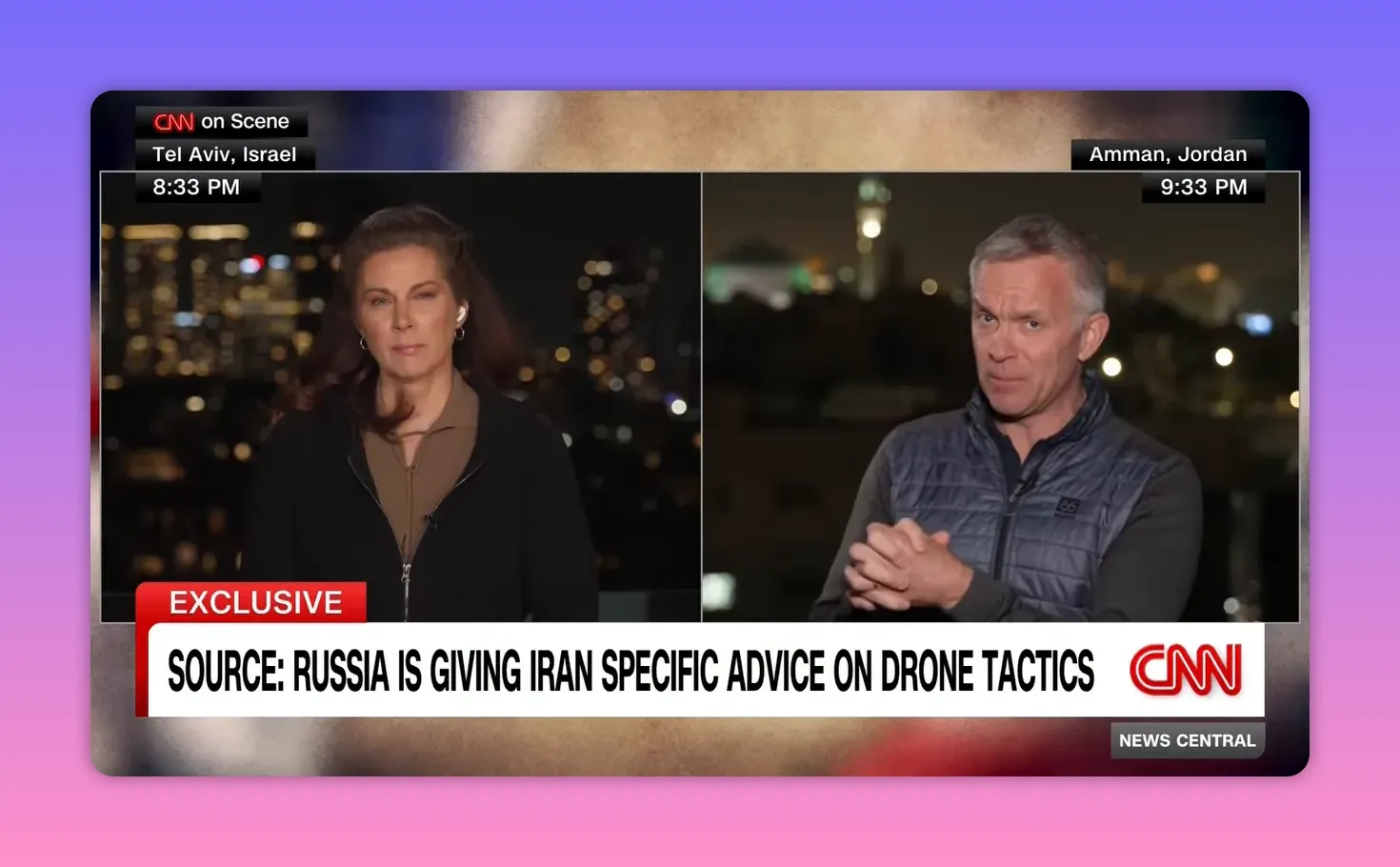 CNN-Split-Screen mit zwei Reportern und Schlagzeile über Russland, das Iran bei Drohnen berät