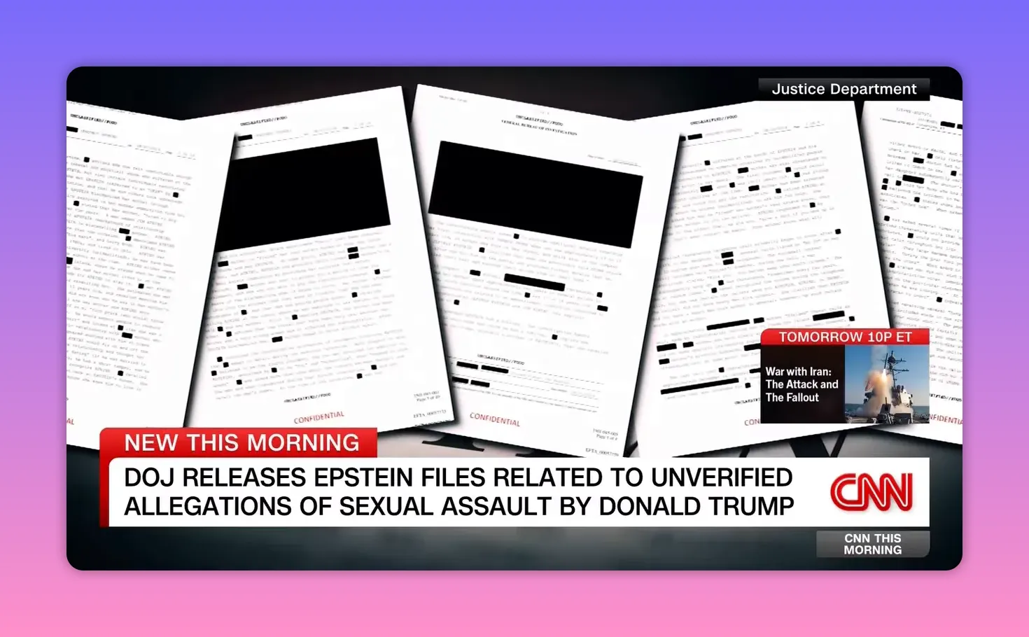 Aufgereihte, deutlich geschwärzte FBI‑Seiten, zentriert und gut lesbar