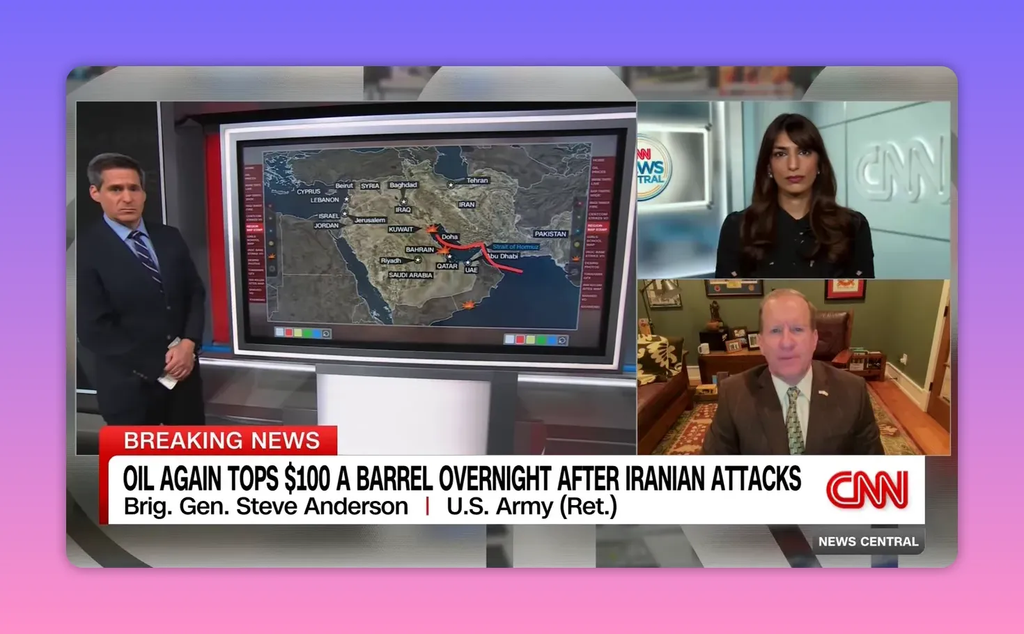 Fernsehbildschirm mit detaillierter Karte der Region und eingezeichneten Angriffsrouten; Split‑Screen mit Gesprächsteilnehmern