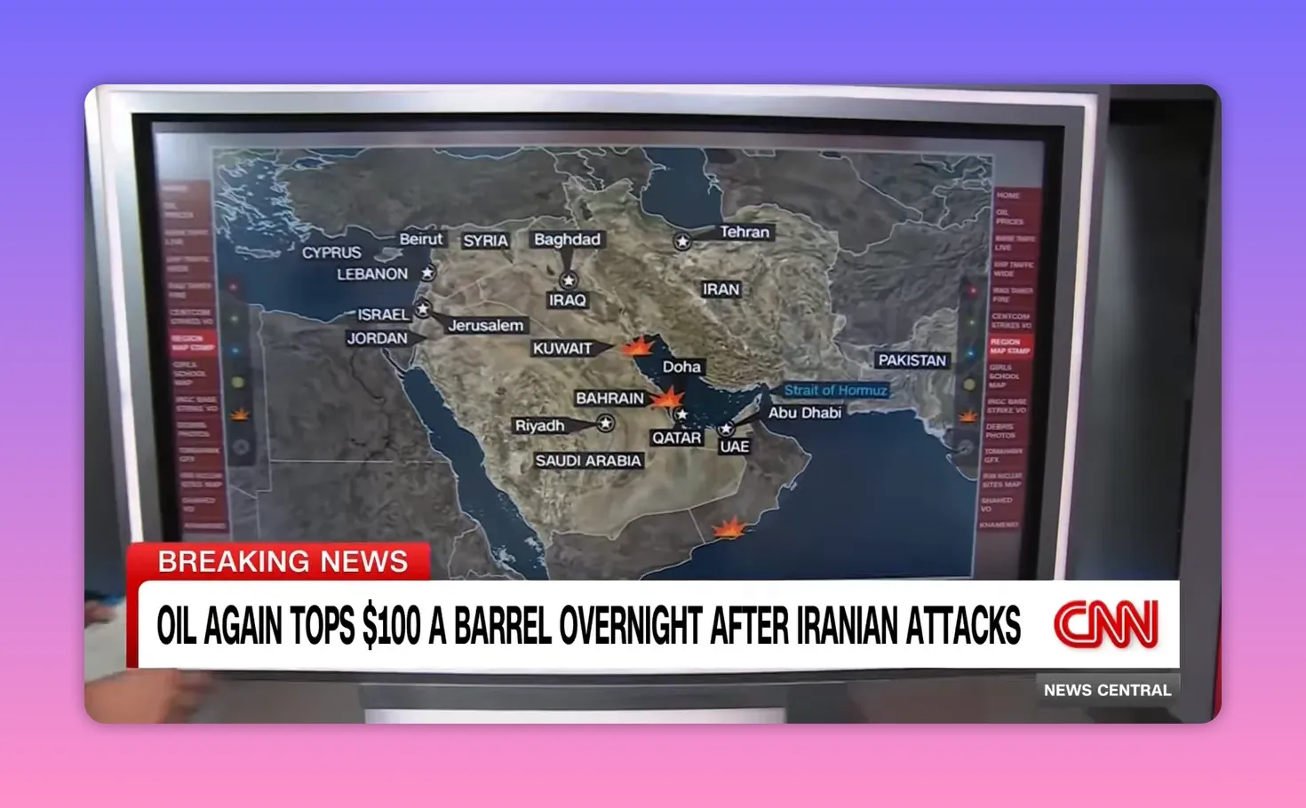 Detailkarte der Golfregion mit markierten Angriffspunkten und Kennzeichnung 'Strait of Hormuz'.