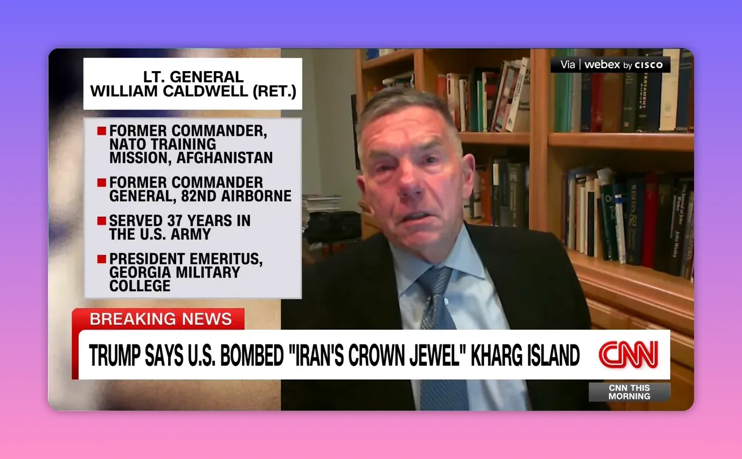 Klares CNN‑Screenshot mit Experteneinblendung und prominentem Breaking‑News‑Banner über Kharg Island