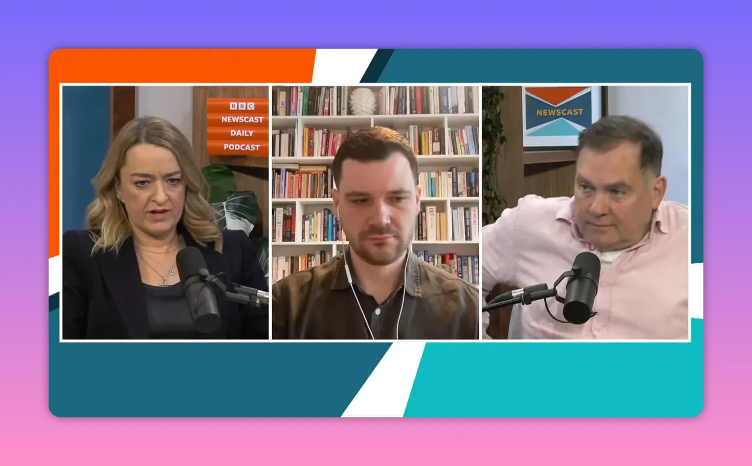 Trois panélistes en podcast vidéo discutant des enjeux britanniques et de défense, avec micros et étagères en arrière-plan