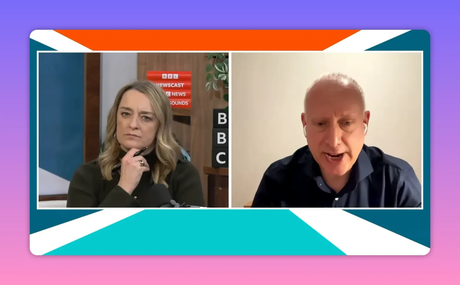 Écran partagé d'une émission BBC montrant l'animatrice et un correspondant discutant des conséquences géopolitiques