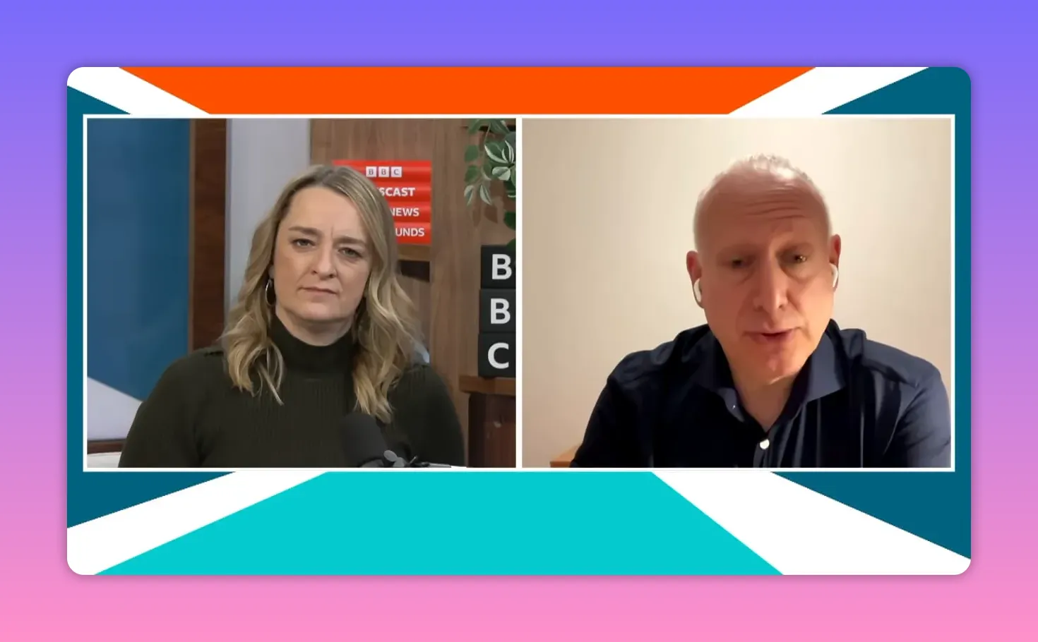 Capture d'écran nette d'une interview en duplex avec deux intervenants, éclairage et cadrage clairs