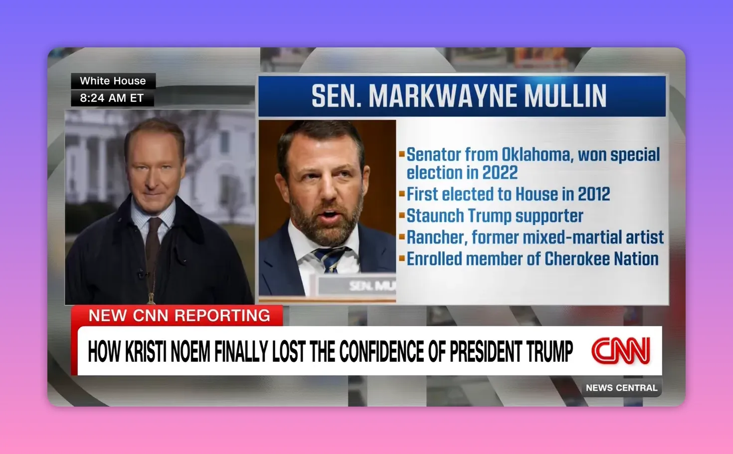 Graphique CNN montrant le sénateur Markwayne Mullin avec points biographiques