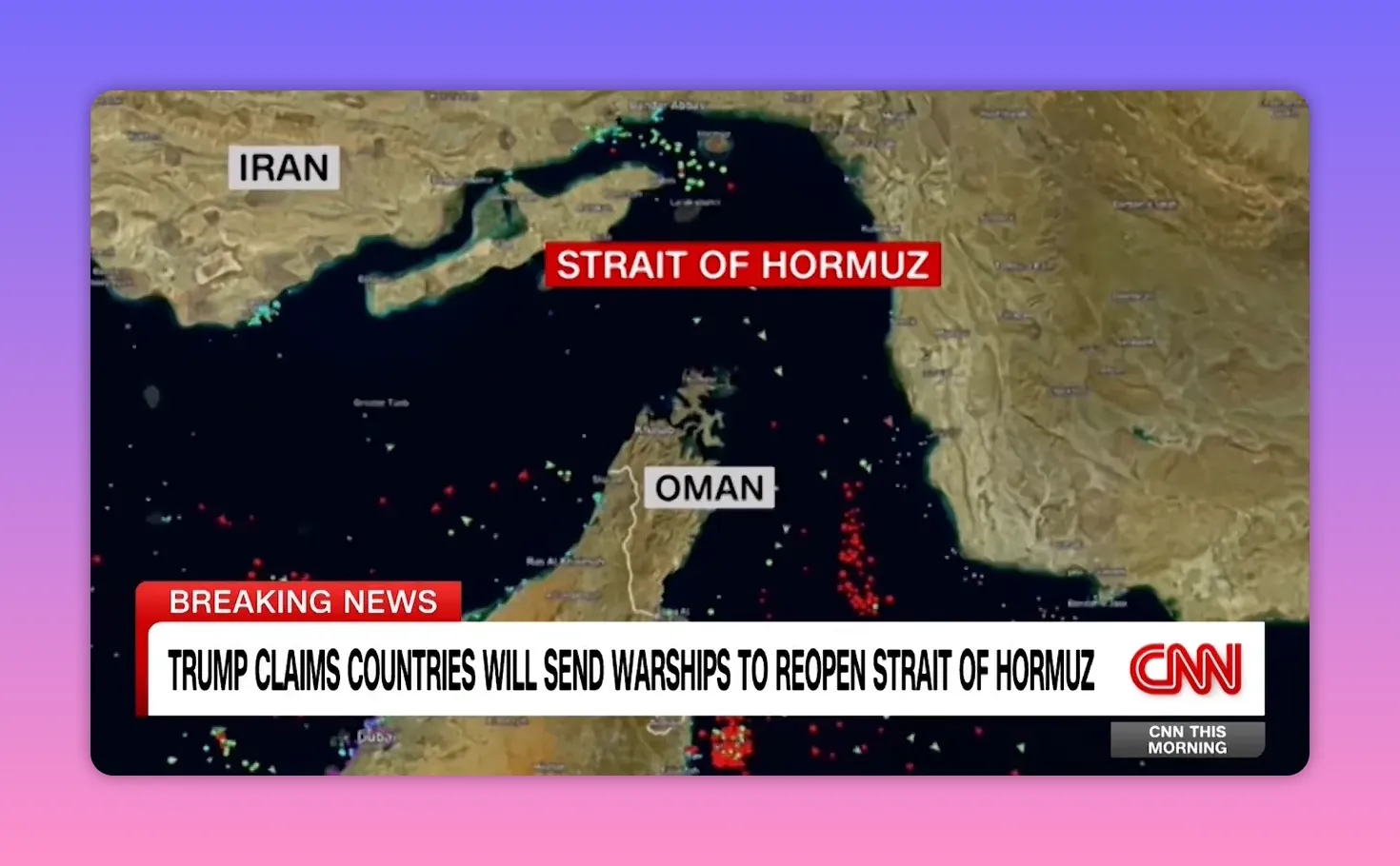 Kartenansicht der Straße von Hormus zwischen Iran und Oman mit Markierungen für Schiffspositionen