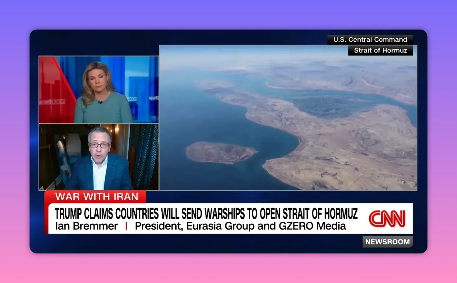 Luftbild der Straße von Hormus mit markanter Enge und Inseln, CNN-Screenshot