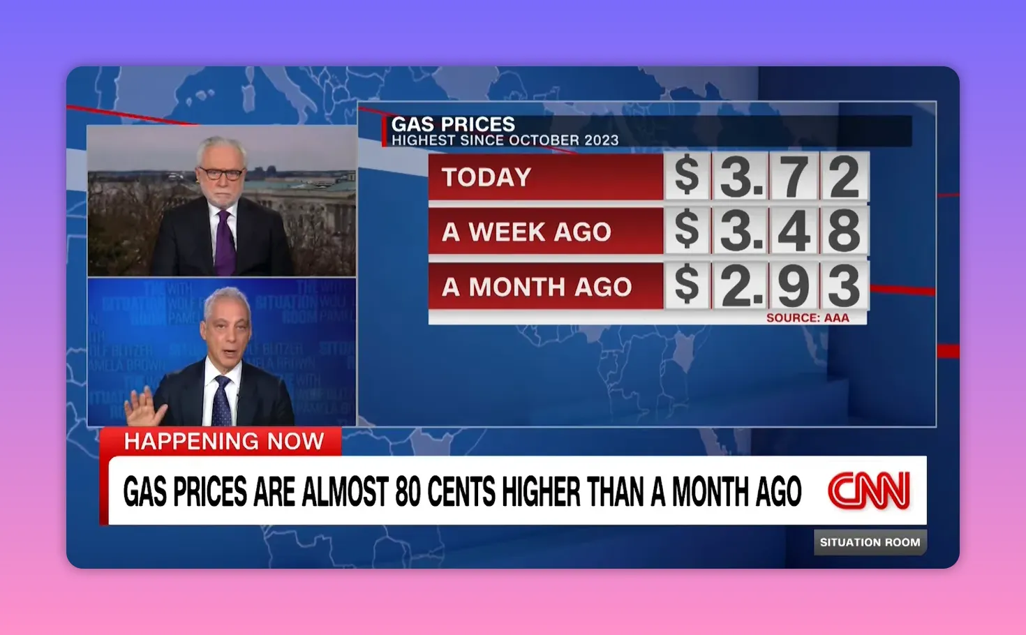 CNN Grafik: 'Gas prices' mit Zahlenreihen - Today $3.72, A week ago $3.48, A month ago $2.93.