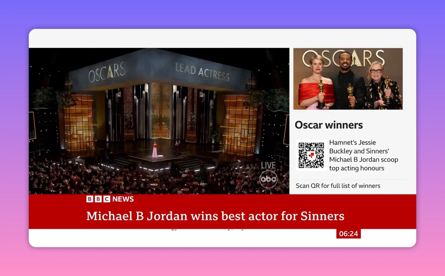 Vue d'ensemble de la scène des Oscars durant l'annonce d'un prix