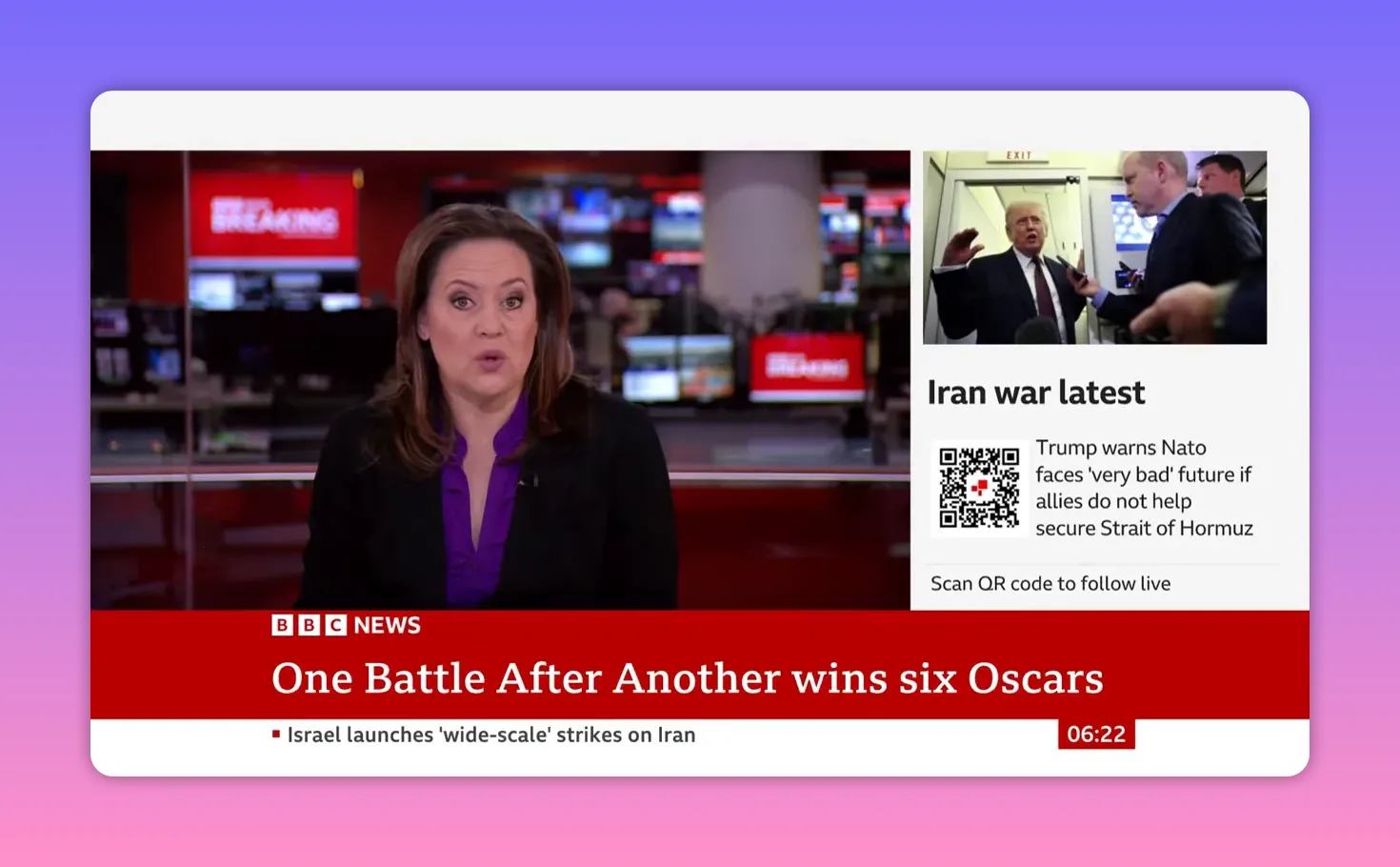 Présentation BBC montrant le bandeau 'One Battle After Another wins six Oscars' en bas de l'écran