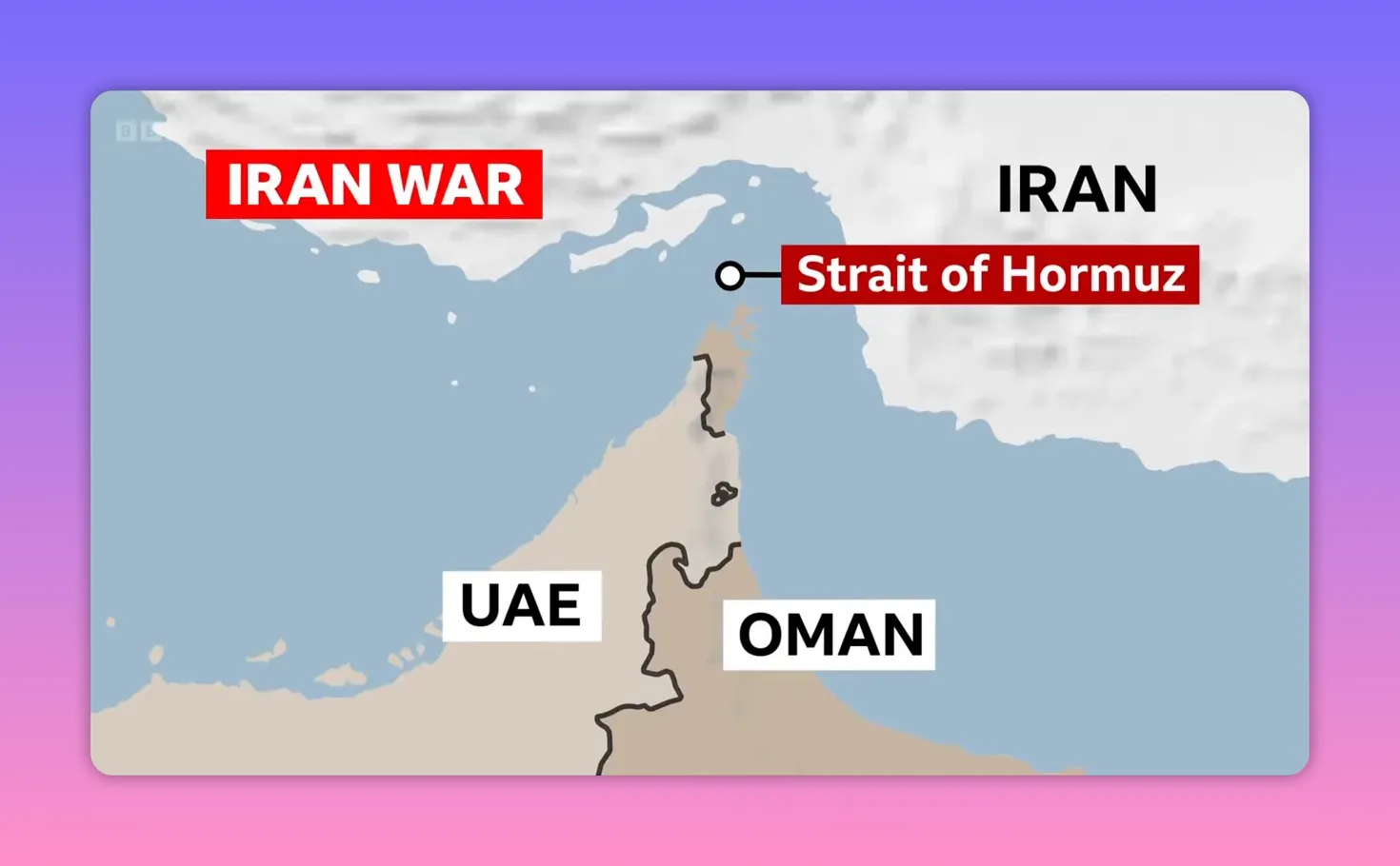 Carte du détroit d'Hormuz indiquant Iran, Oman et UAE avec étiquette 'Strait of Hormuz'