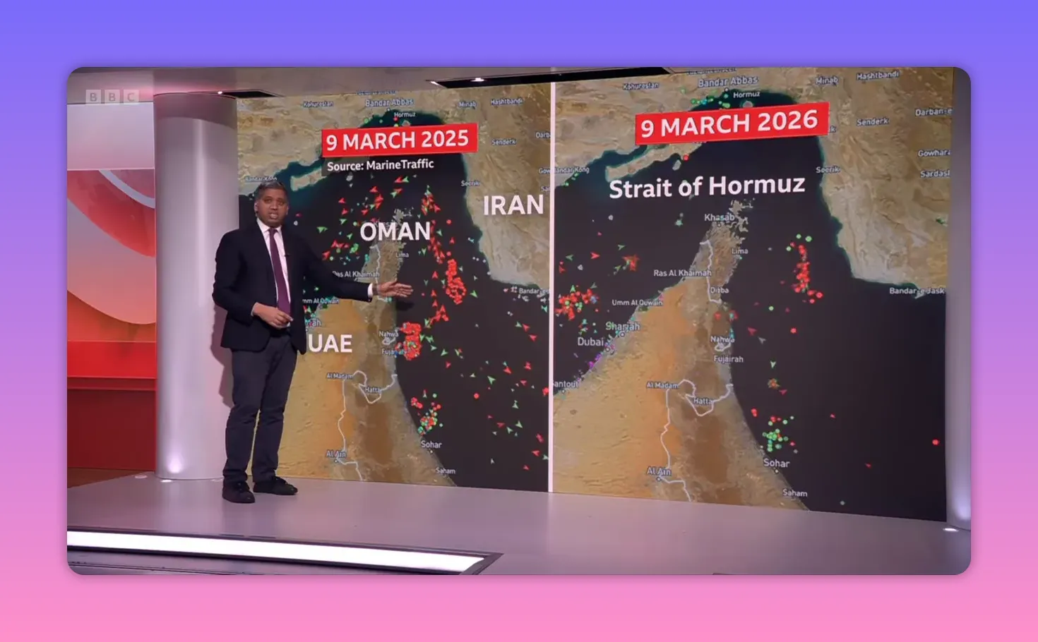 Comparaison cartographique du détroit d'Hormuz et des côtes d'Oman/Émirats avec points de navires (9 mars).
