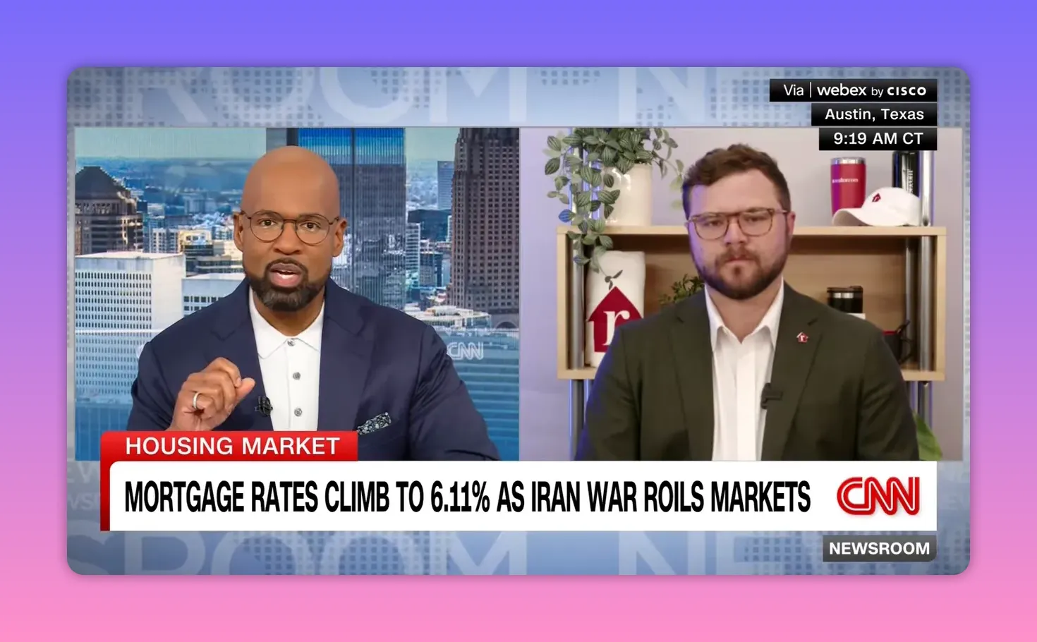 Klarer CNN-Screenshot: Moderator links, Experte rechts, deutliche Einblendung ‚Mortgage rates climb to 6.11% as Iran war roils markets‘