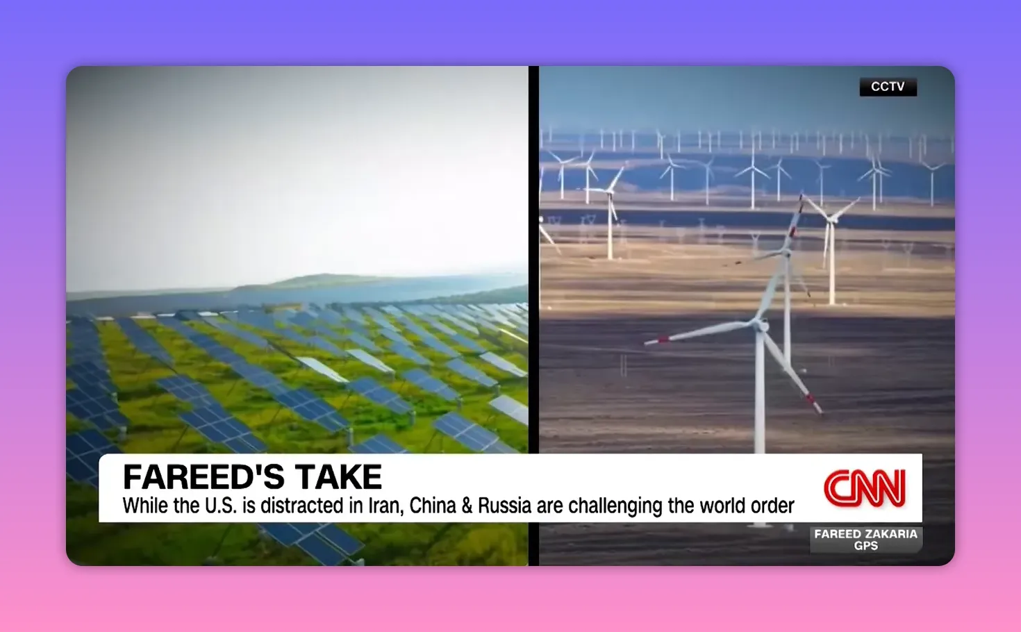 Geteiltes Bild: Solarmodule links und Windturbinen rechts in weitem Landschaftsbild.