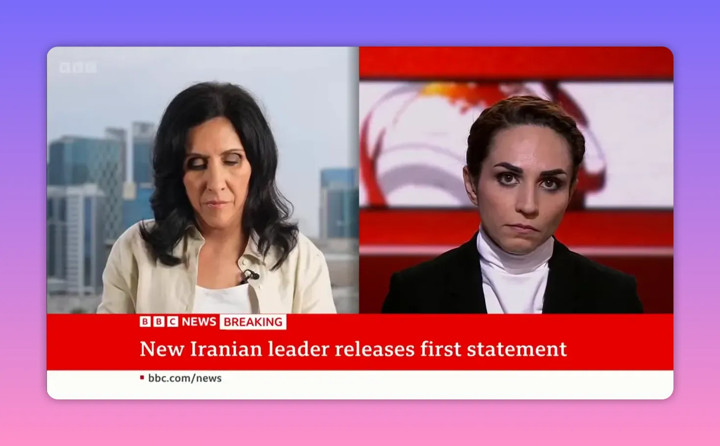 Écran divisé montrant deux intervenantes BBC en duplex, illustrant une discussion sur les conséquences de la déclaration iranienne.