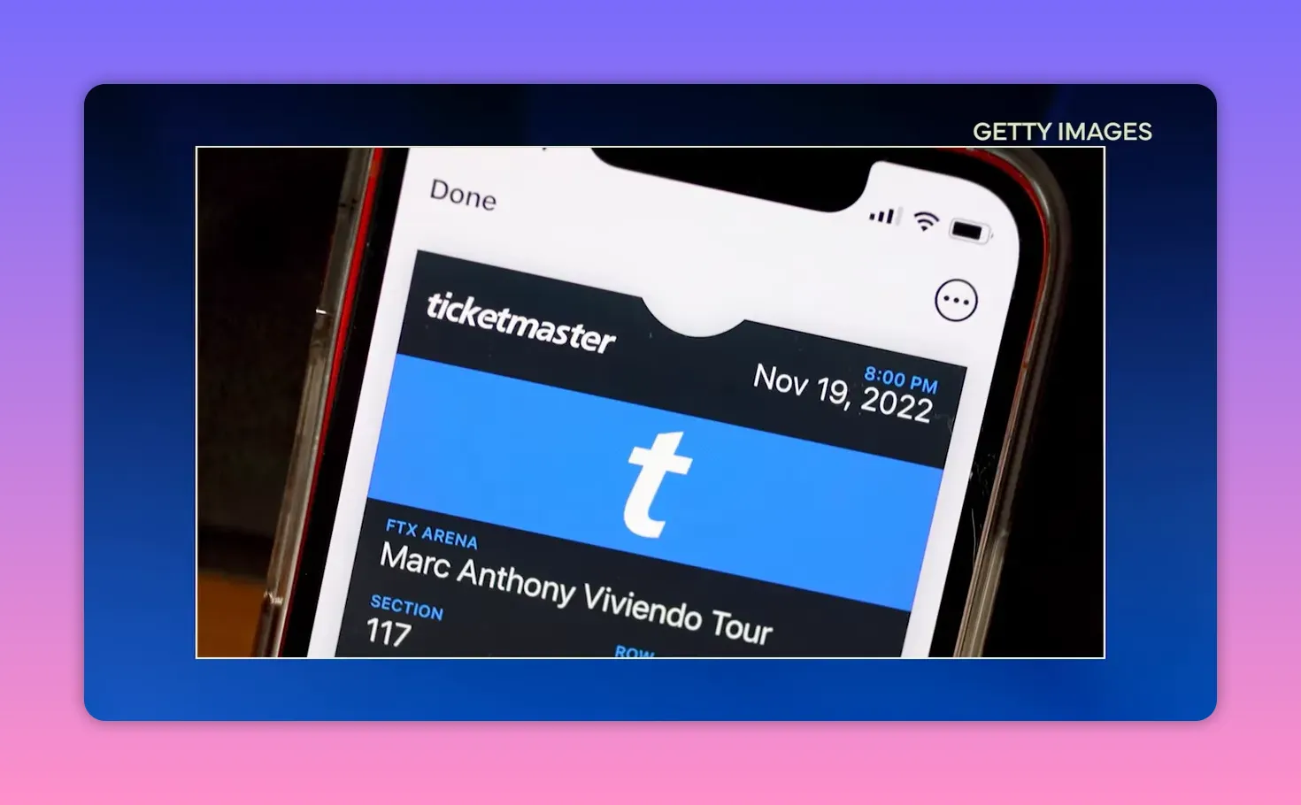 Ticketmaster-Ticket auf einem Smartphone-Bildschirm als Nahaufnahme