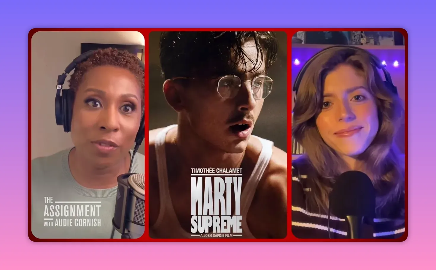 Dreispaltige Podcast‑Ansicht mit mittigem Filmposter und zwei Gesprächspartnern links und rechts