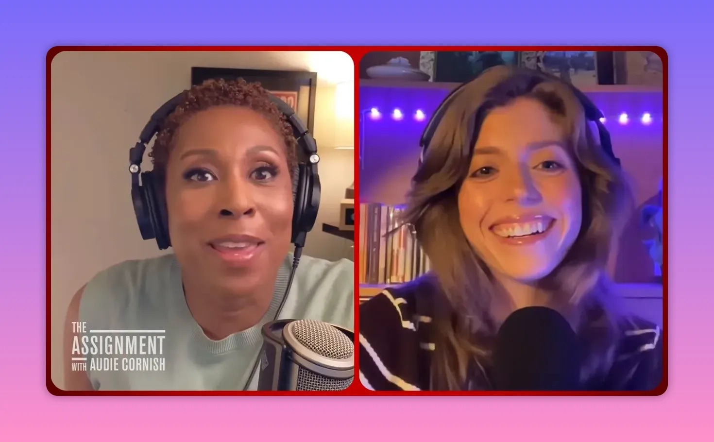 Zweier‑Podcast im Split‑Screen mit gut ausgeleuchteten Gesichtern, Mikrofon und Bücherregal im Hintergrund