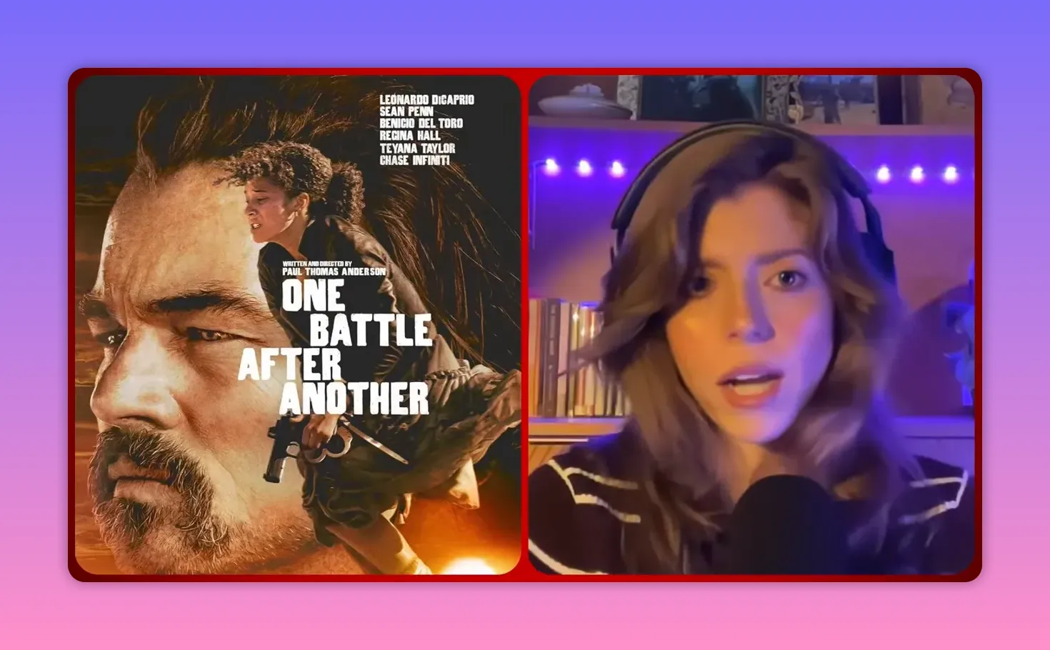 Split‑Screen: Filmplakat ‚One Battle After Another‘ links und Kommentatorin mit Mikrofon rechts