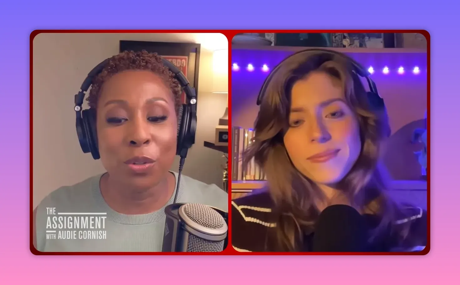 Gut ausgeleuchtetes Split‑Screen‑Interview: linke Sprecherin mit Headset, rechte Gesprächspartnerin vor lila Hintergrundlichtern.