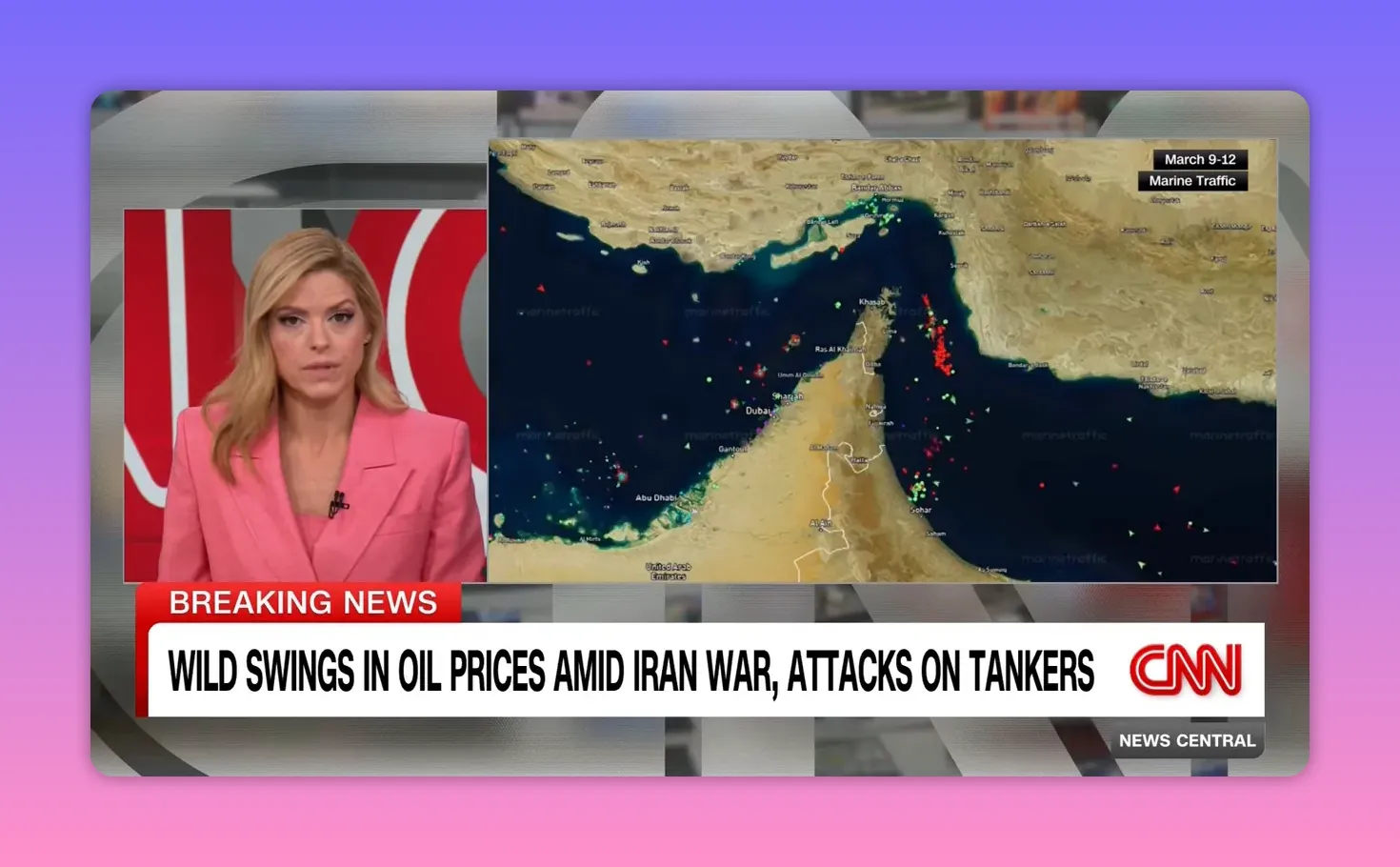 MarineTraffic‑Karte der Straße von Hormuz mit konzentrierten Schiffssymbolen, gut lesbare Küstenlinien