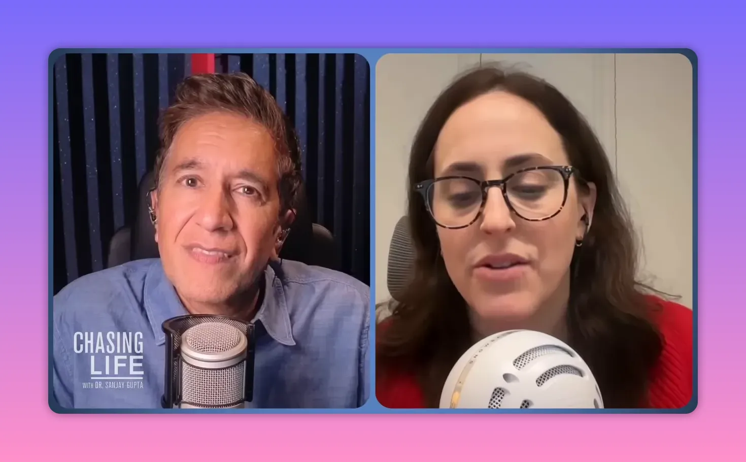 Écran partagé : Dr Sanjay Gupta et une invitée en podcast, tous deux au micro
