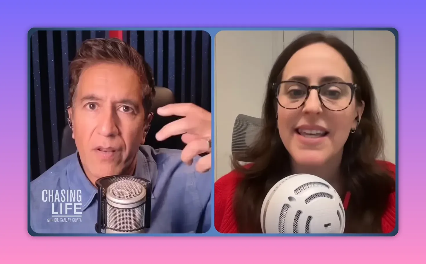 écran partagé, l'animateur gesticule tandis que l'intervenante parle devant son micro