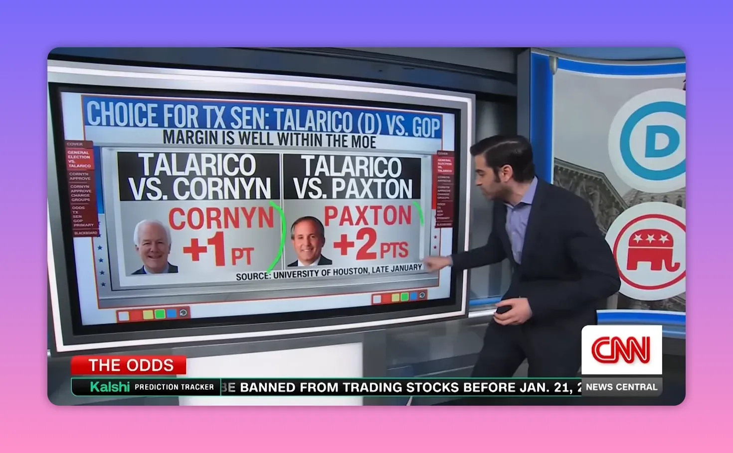 Scharfes Bild der Umfragegrafik: Talarico vs. Cornyn +1 PT und Talarico vs. Paxton +2 PTS, Moderator steht rechts und weist auf Grafik hin
