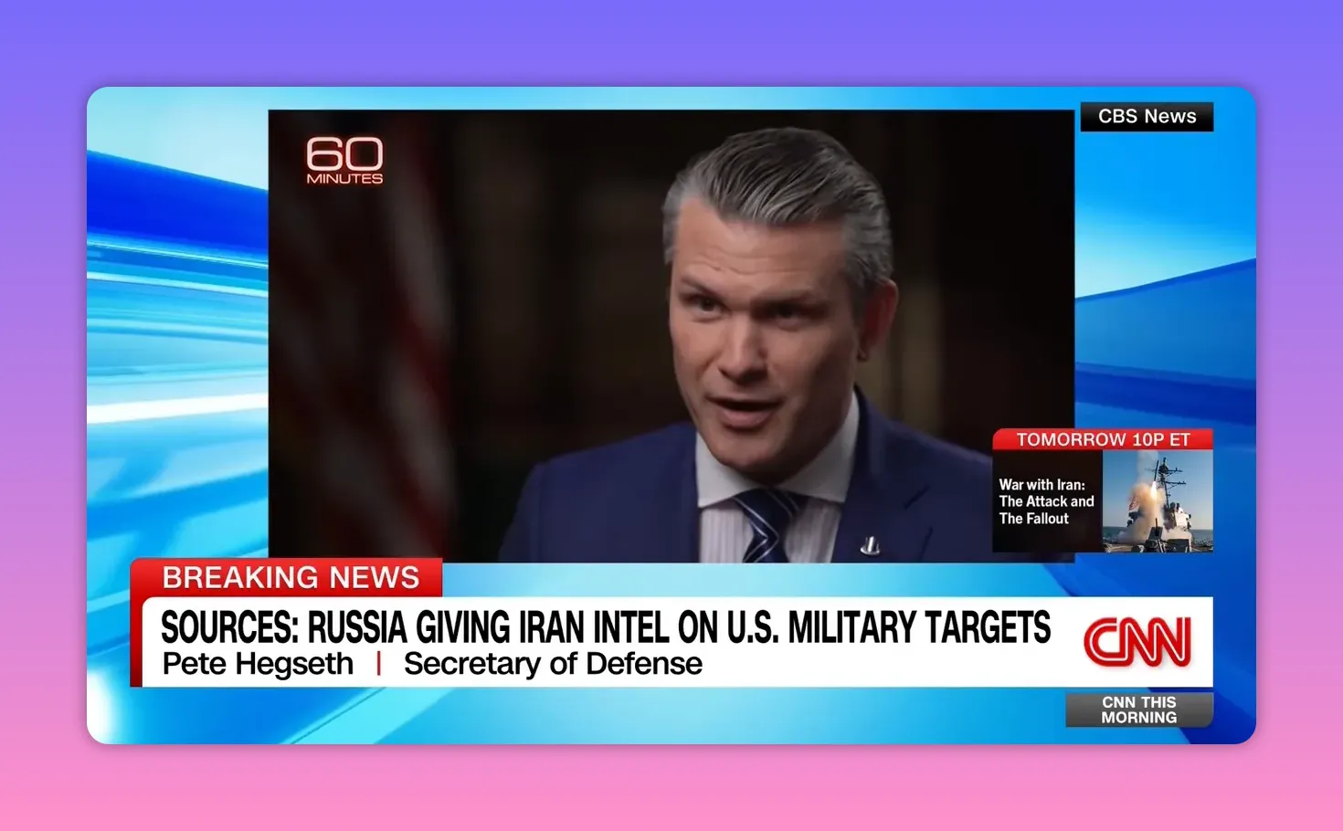 Schärfere Nahaufnahme eines Interviewten (Anzug) mit 60 Minutes‑Logo und sichtbarer Breaking‑News‑Leiste über Russland/Irans Intel‑Vorwurf.