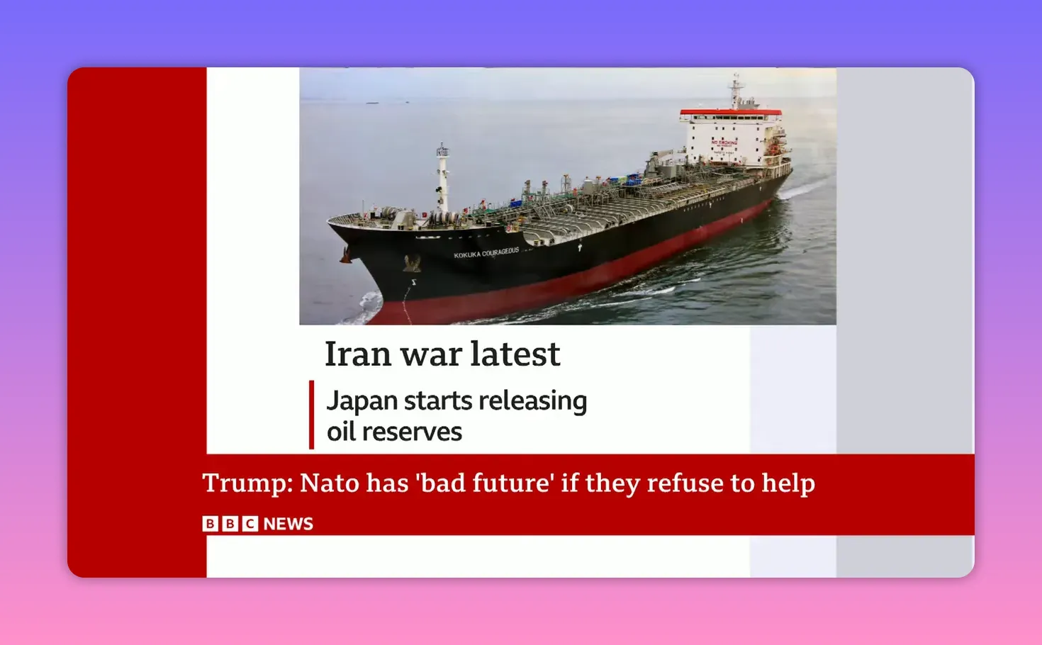 Image d'actualité montrant un pétrolier en mer et le bandeau 'Japan starts releasing oil reserves'.