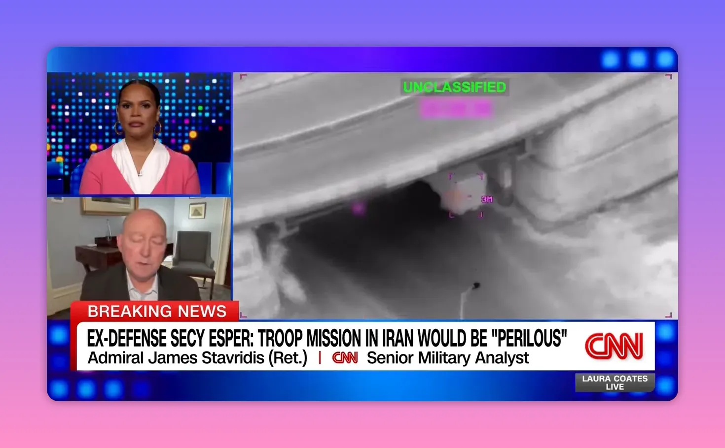 CNN-Split-Screen mit großer Wärmebildaufnahme rechts, 'UNCLASSIFIED' Kennzeichnung und markiertem Objekt