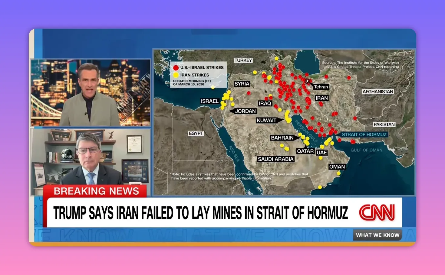 Nachrichten-Grafik: Karte mit roten und gelben Markern entlang Persischem Golf und Straße von Hormus