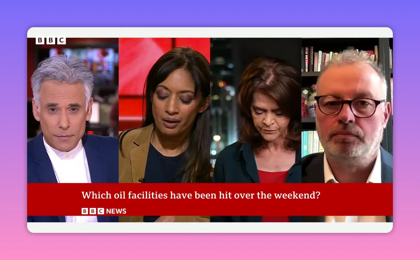 Écran partagé BBC net et bien cadré avec la bande rouge : « Which oil facilities have been hit over the weekend? », montrant plusieurs intervenants