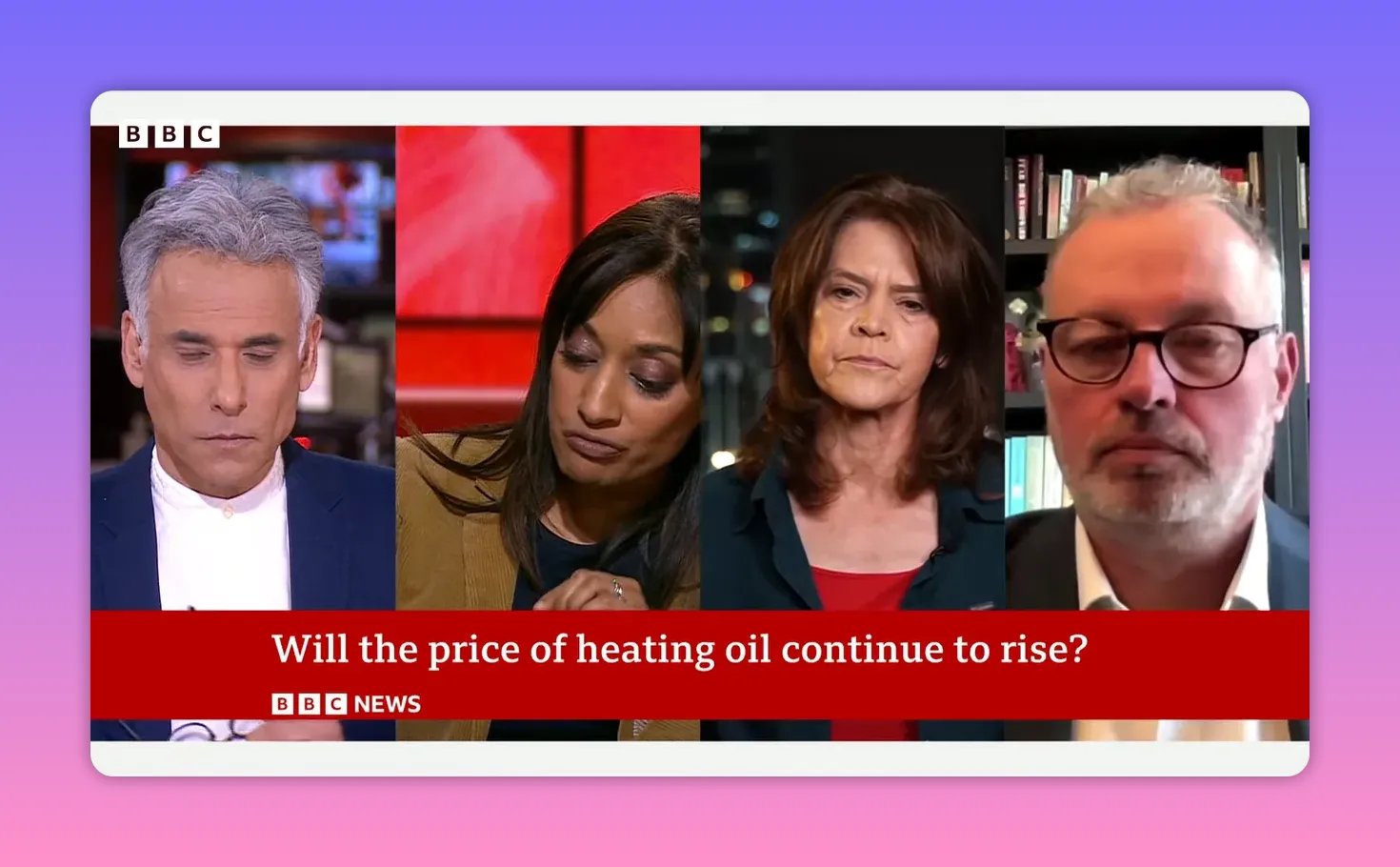 Écran partagé BBC montrant plusieurs intervenants en débat avec la bannière « Will the price of heating oil continue to rise? »