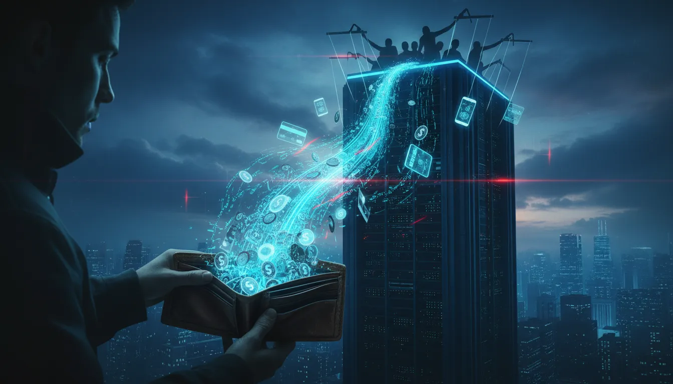 Person mit leerer Geldbörse; Münzen und Scheine verwandeln sich in digitale Datenströme, die von schattenhaften Figuren auf einem Server-Turm kontrolliert werden, Symbol für Verlust finanzieller Souveränität