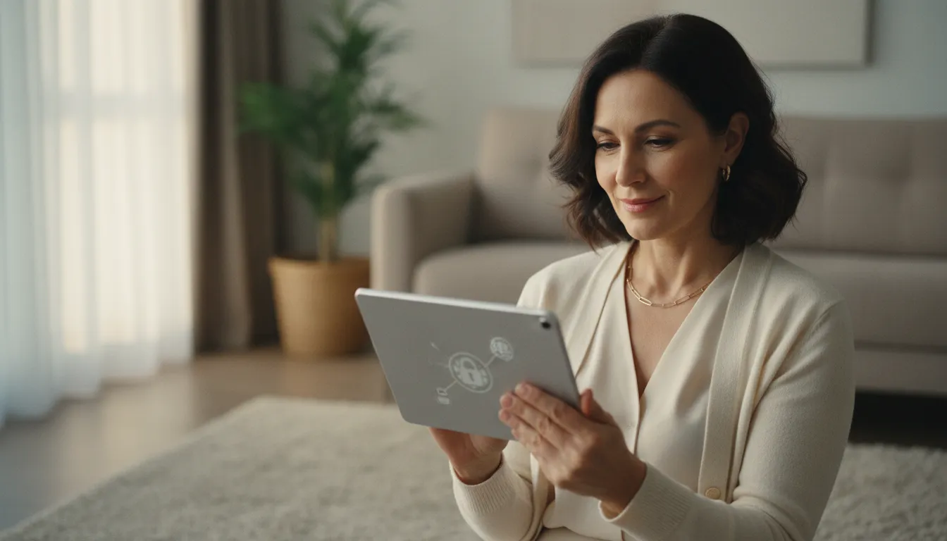 Porträt einer entspannten Mutter (35–65) mit Tablet, selbstbewusst und kompetent