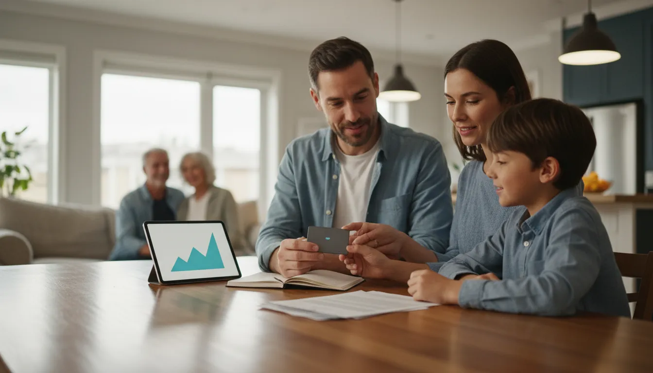 Familie betrachtet gemeinsam ein Hardware‑Wallet und Tablet – Symbol für Vertrauen, Verantwortung und digitale Vorsorge.